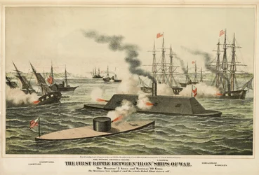 Die erste Schlacht zwischen Eisenschiffen, veröffentlicht ca. 1862